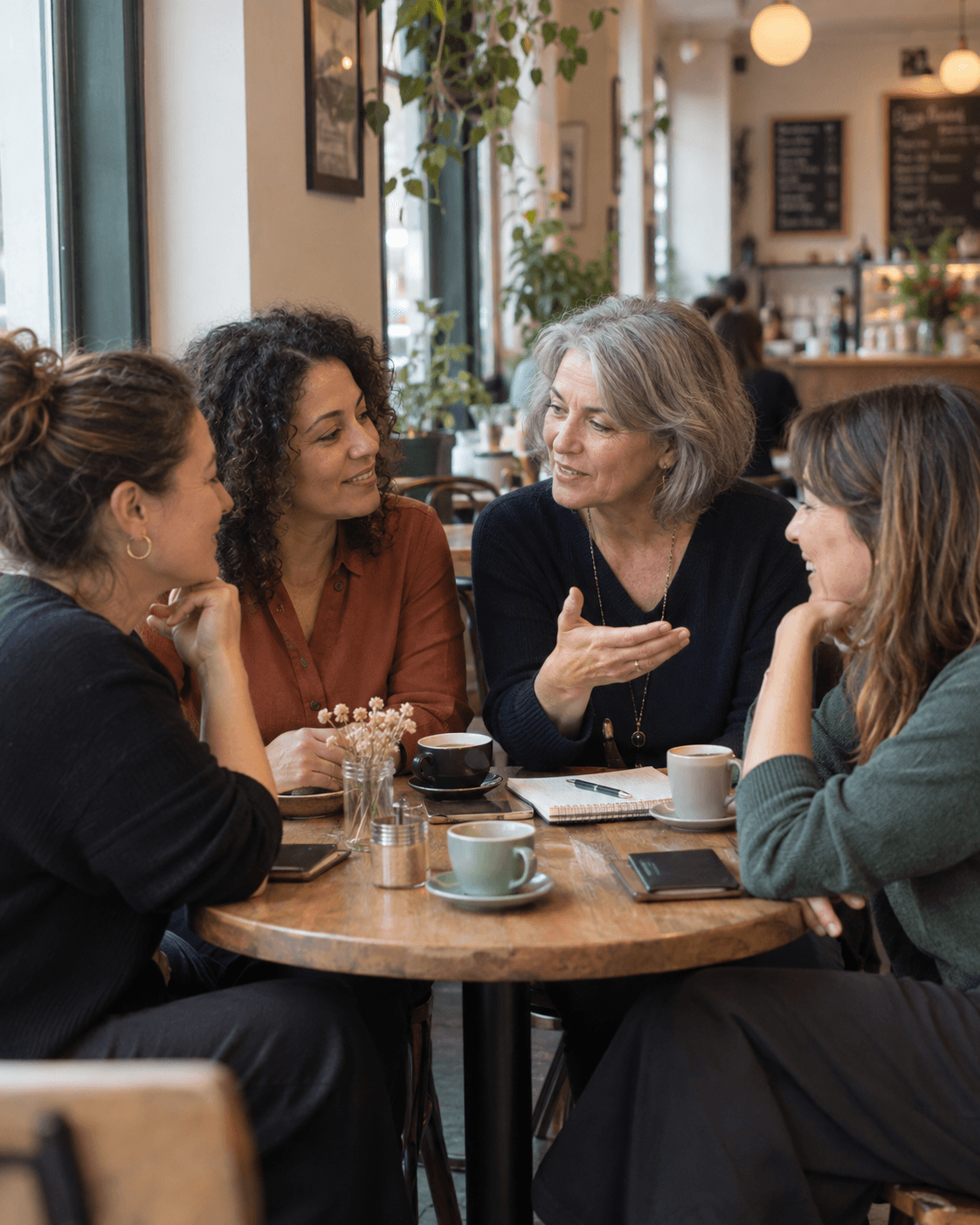 Quatre femmes échangent autour d’une table dans un café