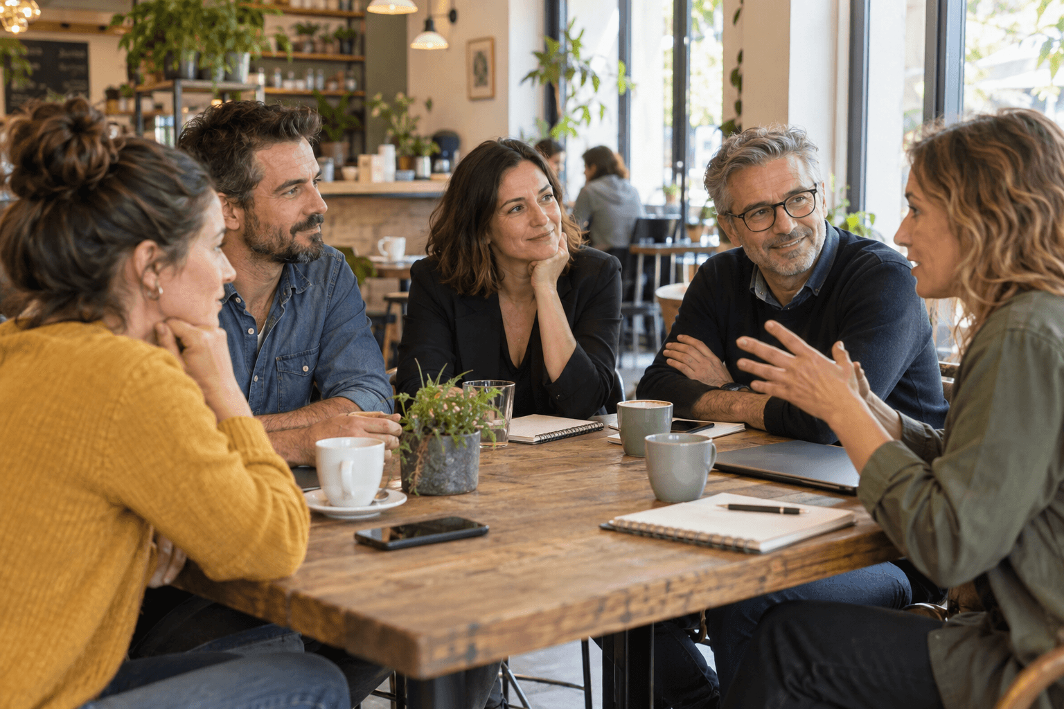 Une conversation autour d’une table entre entrepreneurs et entrepreneuses.